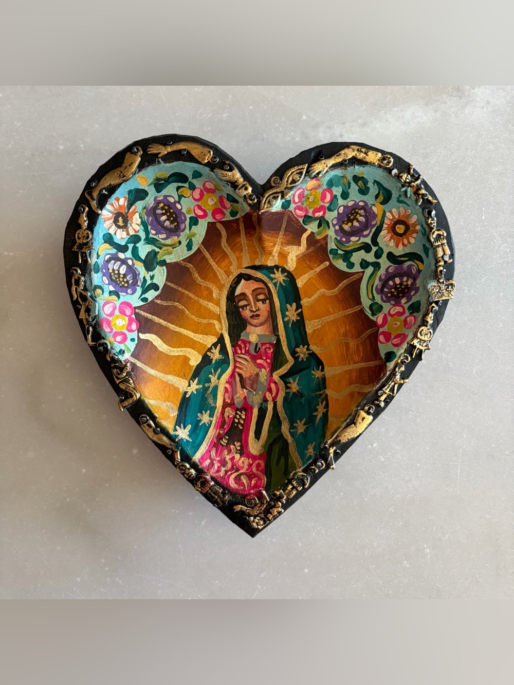 Hand-Painted Milagro Heart Wall Decor Featuring Virgin Mary in Teal and Gold 8”